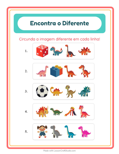Pré-visualização da ficha de Qual É Diferente com Dinossauros para Educação infantil (pré-escola, 5-7 anos)