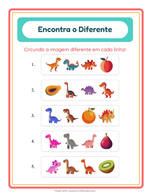 Pré-visualização da ficha de Qual É Diferente com Dinossauros para Educação infantil (pré-escola, 5-7 anos)