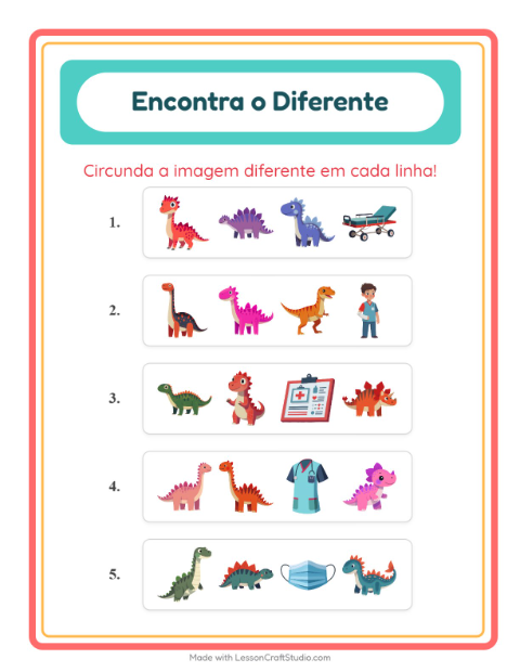 Pré-visualização da ficha de Qual É Diferente com Dinossauros para Educação infantil (pré-escola, 5-7 anos)
