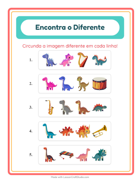 Pré-visualização da ficha de Qual É Diferente com Dinossauros para Educação infantil (pré-escola, 5-7 anos)