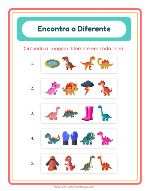 Pré-visualização da ficha de Qual É Diferente com Dinossauros para Educação infantil (pré-escola, 5-7 anos)