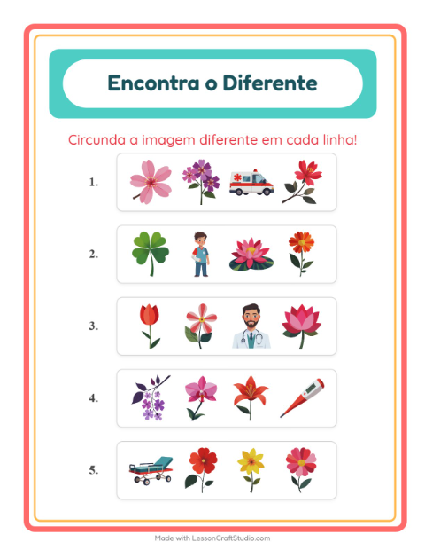 Pré-visualização da ficha de Qual É Diferente com Flores para Educação infantil (pré-escola, 5-7 anos)