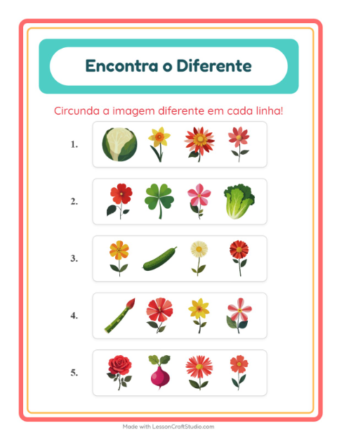 Pré-visualização da ficha de Qual É Diferente com Flores para Educação infantil (pré-escola, 5-7 anos)