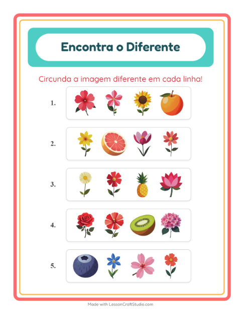Pré-visualização da ficha de Qual É Diferente com Flores para Educação infantil (pré-escola, 5-7 anos)