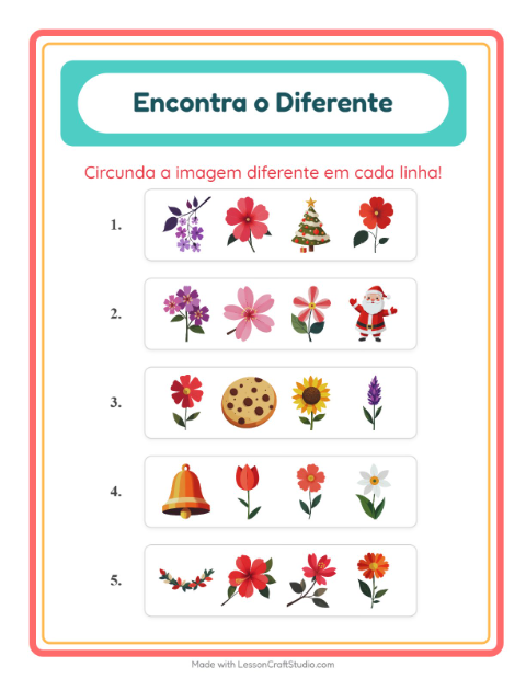 Pré-visualização da ficha de Qual É Diferente com Flores para Educação infantil (pré-escola, 5-7 anos)