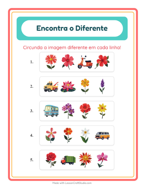 Pré-visualização da ficha de Qual É Diferente com Flores para Educação infantil (pré-escola, 5-7 anos)