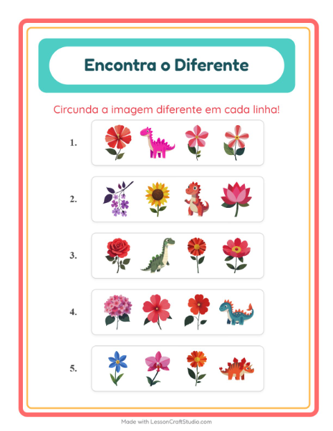 Pré-visualização da ficha de Qual É Diferente com Flores para Educação infantil (pré-escola, 5-7 anos)