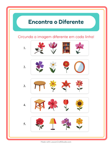 Pré-visualização da ficha de Qual É Diferente com Flores para Educação infantil (pré-escola, 5-7 anos)