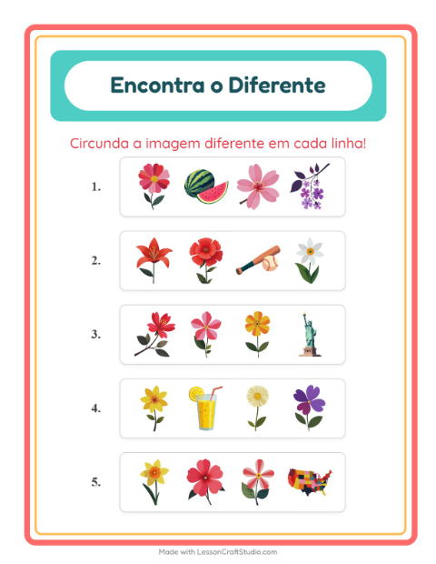 Pré-visualização da ficha de Qual É Diferente com Flores para Educação infantil (pré-escola, 5-7 anos)