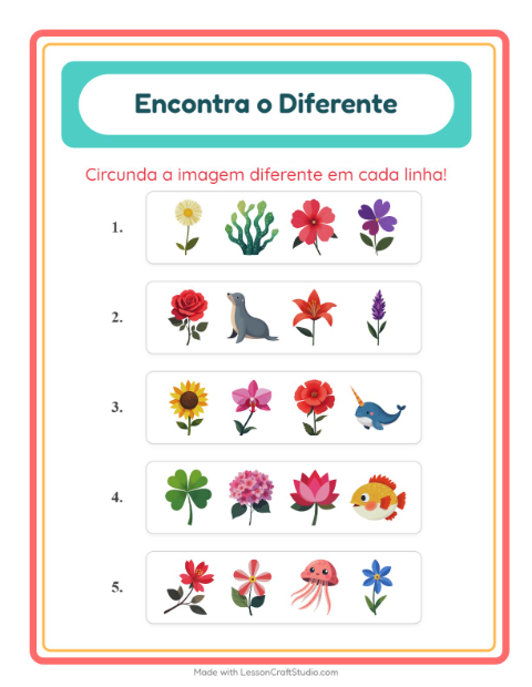 Pré-visualização da ficha de Qual É Diferente com Flores para Educação infantil (pré-escola, 5-7 anos)