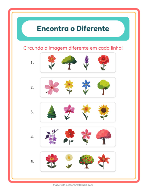 Pré-visualização da ficha de Qual É Diferente com Flores para Educação infantil (pré-escola, 5-7 anos)