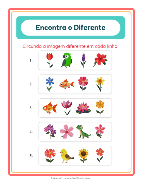 Pré-visualização da ficha de Qual É Diferente com Flores para Educação infantil (pré-escola, 5-7 anos)