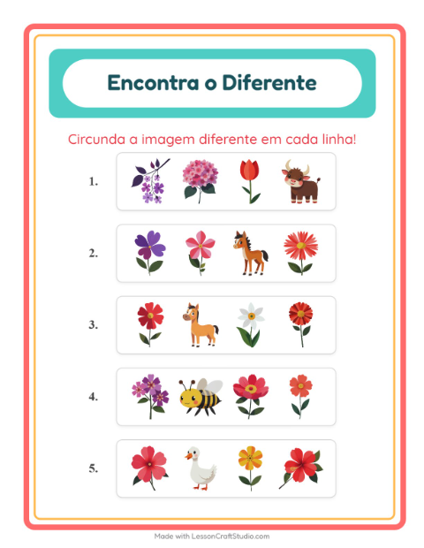 Pré-visualização da ficha de Qual É Diferente com Flores para Educação infantil (pré-escola, 5-7 anos)