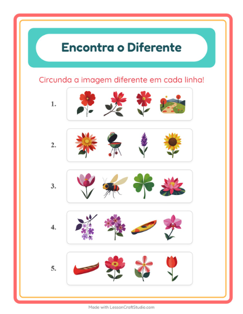 Pré-visualização da ficha de Qual É Diferente com Flores para Educação infantil (pré-escola, 5-7 anos)