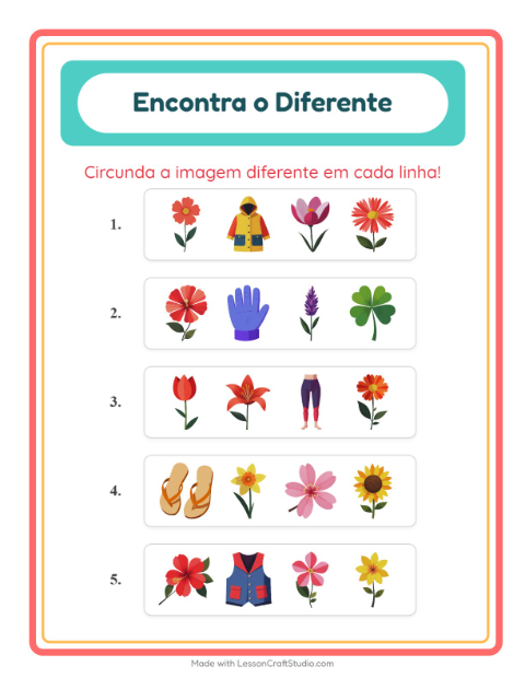 Pré-visualização da ficha de Qual É Diferente com Flores para Educação infantil (pré-escola, 5-7 anos)