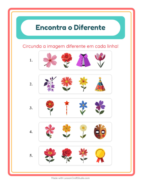 Pré-visualização da ficha de Qual É Diferente com Flores para Educação infantil (pré-escola, 5-7 anos)