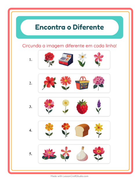 Pré-visualização da ficha de Qual É Diferente com Flores para Educação infantil (pré-escola, 5-7 anos)
