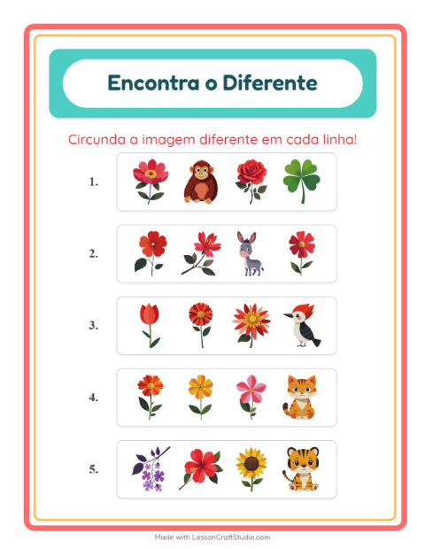 Pré-visualização da ficha de Qual É Diferente com Flores para Educação infantil (pré-escola, 5-7 anos)