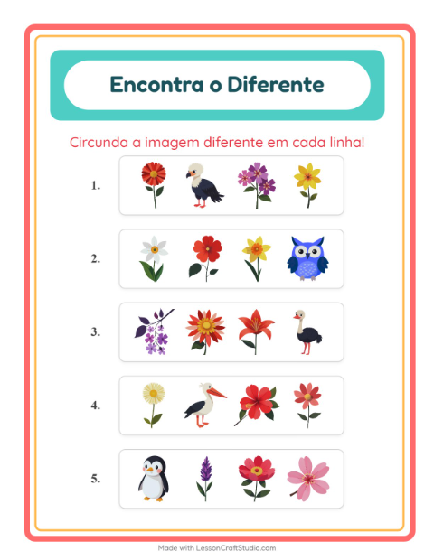Pré-visualização da ficha de Qual É Diferente com Flores para Educação infantil (pré-escola, 5-7 anos)