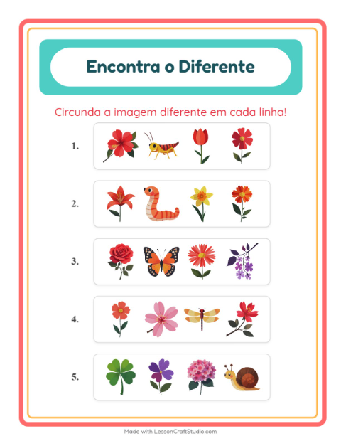 Pré-visualização da ficha de Qual É Diferente com Flores para Educação infantil (pré-escola, 5-7 anos)