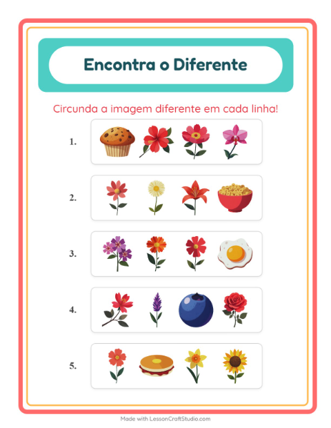 Pré-visualização da ficha de Qual É Diferente com Flores para Educação infantil (pré-escola, 5-7 anos)