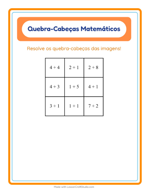 Pré-visualização da ficha de Quebra-cabeça Matemático com Espaço para 1º ano do ensino fundamental