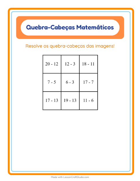 Pré-visualização da ficha de Quebra-cabeça Matemático com Espaço para 1º ano do ensino fundamental