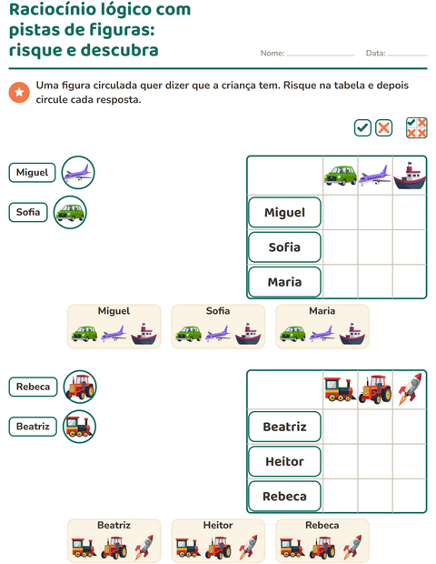 Pré-visualização da ficha de Raciocínio lógico com Veículos para 1º ano do ensino fundamental