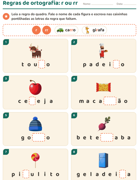 Regras de ortografia: escreva as letras da regra embaixo de cada figura