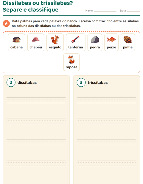 Pré-visualização da ficha de Separação de sílabas com Acampamento para 1º ano do ensino fundamental