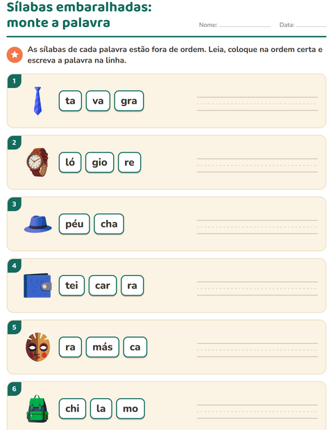 Pré-visualização da ficha de Separação de sílabas com Acessórios para 1º ano do ensino fundamental