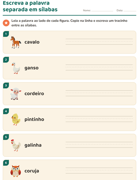 Pré-visualização da ficha de Separação de sílabas com Animais da fazenda para 1º ano do ensino fundamental