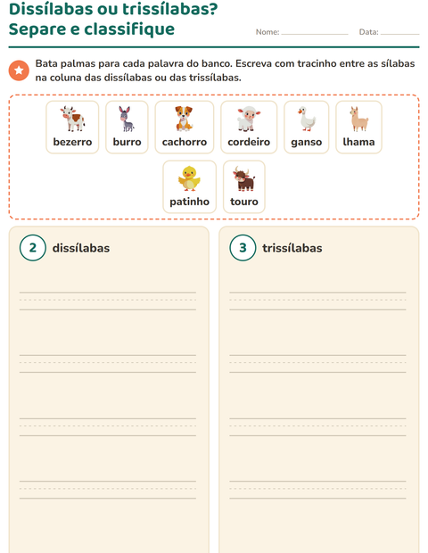 Pré-visualização da ficha de Separação de sílabas com Animais da fazenda para 1º ano do ensino fundamental