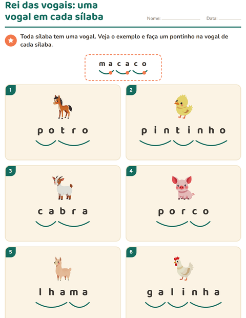 Pré-visualização da ficha de Separação de sílabas com Animais da fazenda para 1º ano do ensino fundamental
