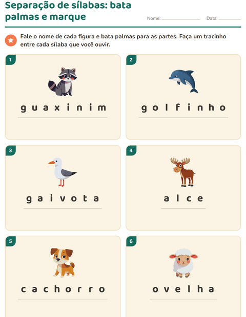 Separação de sílabas com animais: bata palmas e marque cada parte