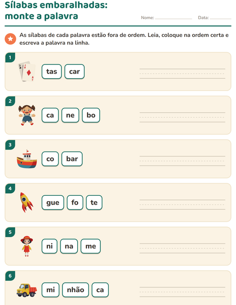 Pré-visualização da ficha de Separação de sílabas com Brinquedos para 1º ano do ensino fundamental