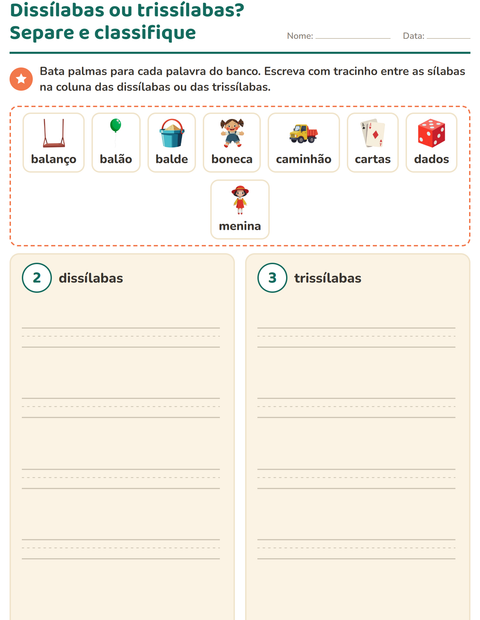 Pré-visualização da ficha de Separação de sílabas com Brinquedos para 1º ano do ensino fundamental