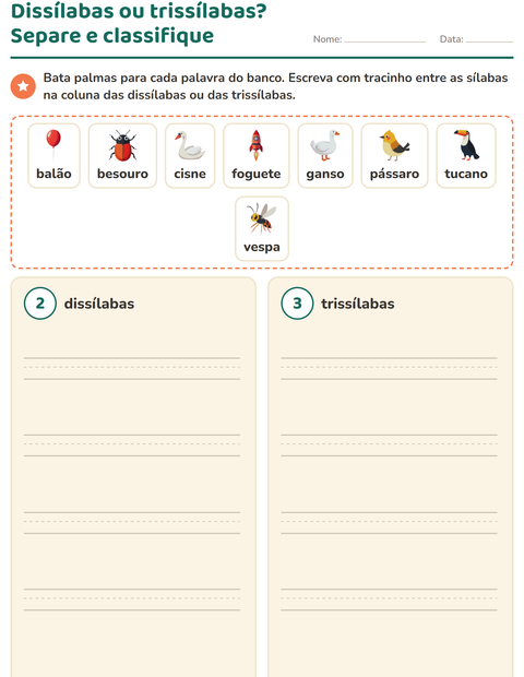 Pré-visualização da ficha de Separação de sílabas com Coisas que voam para 1º ano do ensino fundamental
