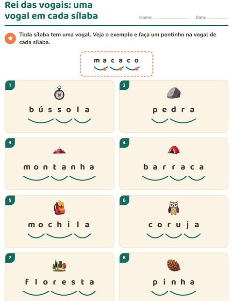 Pré-visualização da ficha de Separação de sílabas com Acampamento para 1º ano do ensino fundamental