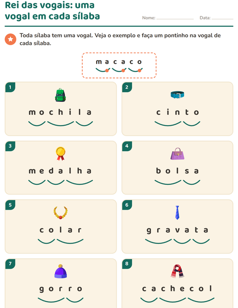 Pré-visualização da ficha de Separação de sílabas com Acessórios para 1º ano do ensino fundamental