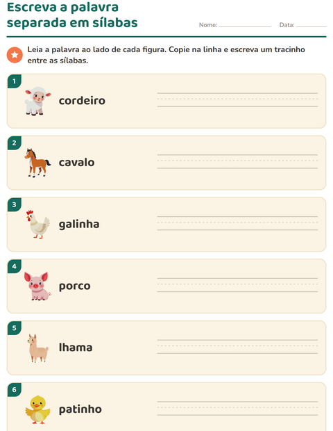 Pré-visualização da ficha de Separação de sílabas com Animais da fazenda para 1º ano do ensino fundamental