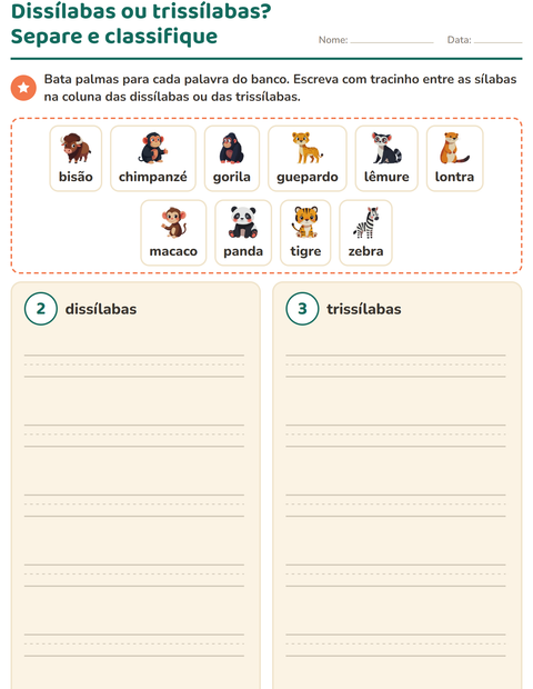 Pré-visualização da ficha de Separação de sílabas com Animais do zoológico para 1º ano do ensino fundamental