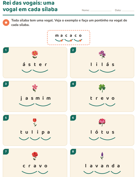 Pré-visualização da ficha de Separação de sílabas com Flores para 1º ano do ensino fundamental