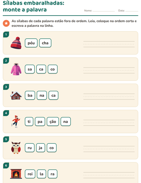 Pré-visualização da ficha de Separação de sílabas com Inverno para 1º ano do ensino fundamental