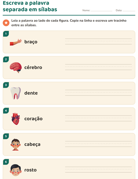 Pré-visualização da ficha de Separação de sílabas com Partes do corpo para 1º ano do ensino fundamental