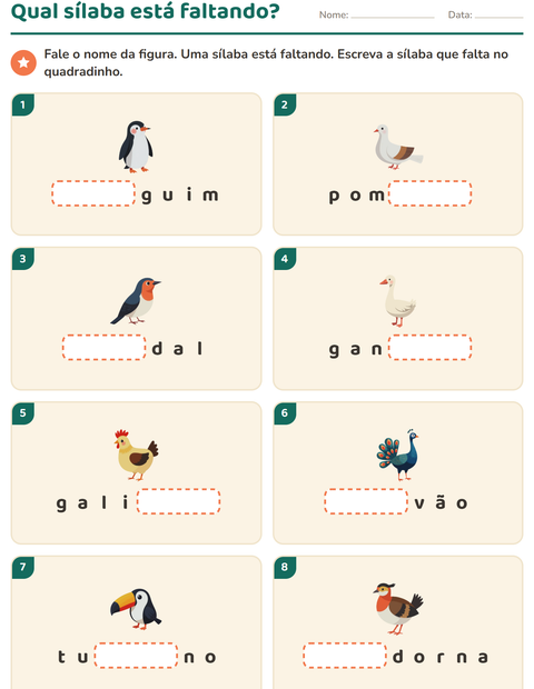 Pré-visualização da ficha de Separação de sílabas com Pássaros 2 para 1º ano do ensino fundamental