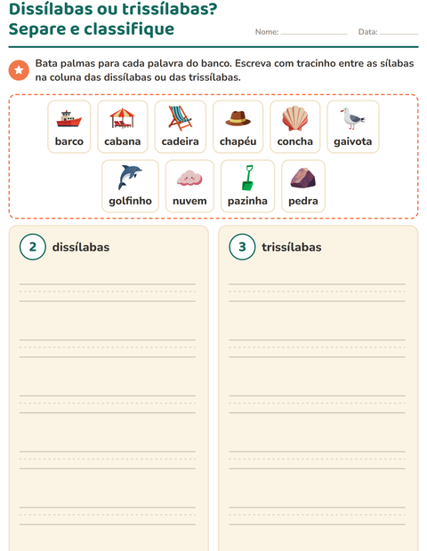 Pré-visualização da ficha de Separação de sílabas com Praia para 1º ano do ensino fundamental