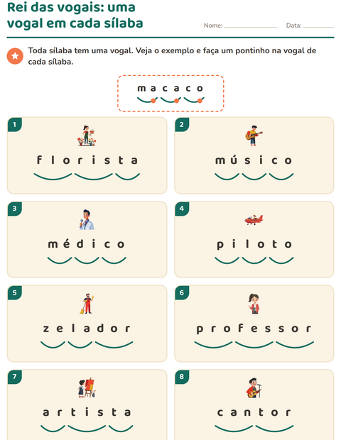 Pré-visualização da ficha de Separação de sílabas com Profissões para 1º ano do ensino fundamental