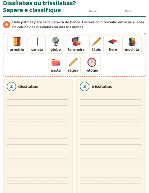 Pré-visualização da ficha de Separação de sílabas com Sala de aula para 1º ano do ensino fundamental