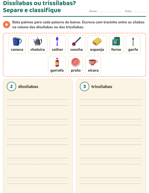 Pré-visualização da ficha de Separação de sílabas com Utensílios de cozinha para 1º ano do ensino fundamental
